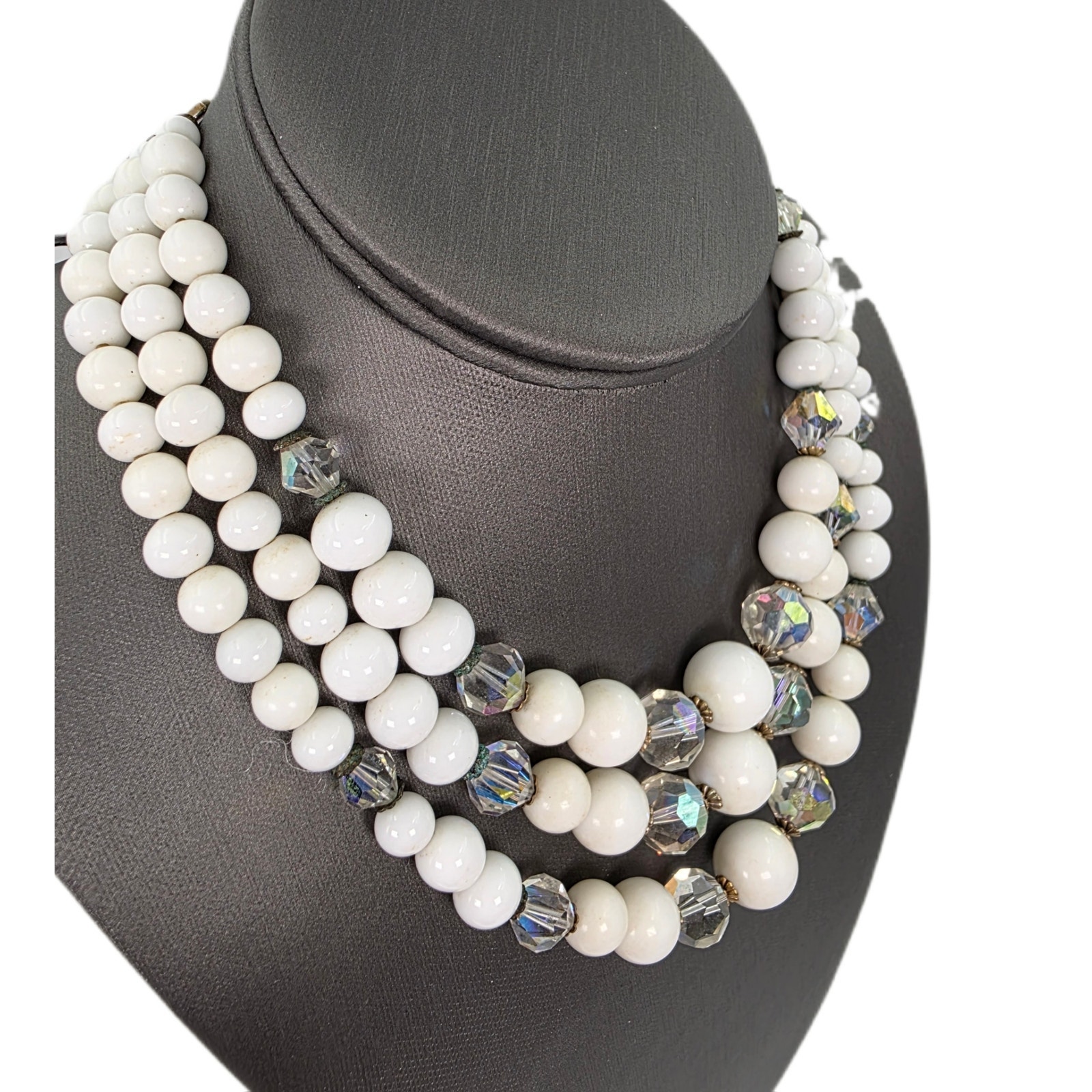Vintage Laguna White And Ab Bead Triple Strand Choker Necklace 1950s